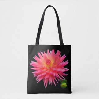 All-Over-Print  Red Pink Dahlia & Bud Tote Bag