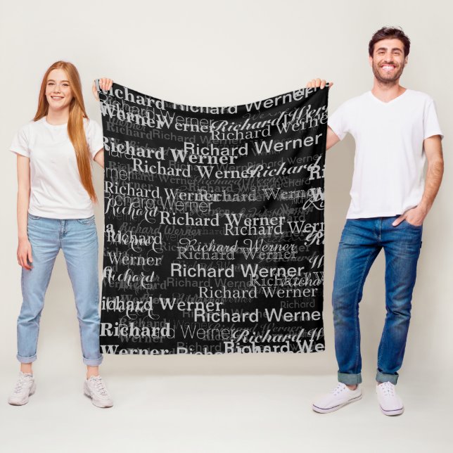 All-Over-Print Repeating Names Black&White Modern Fleece Blanket (In Situ)