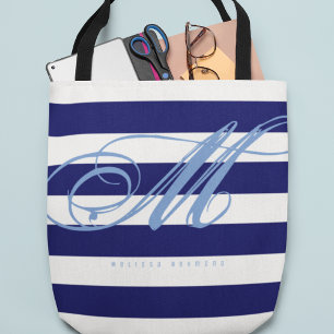 all-over-print tote bag of large navy blue stripes
