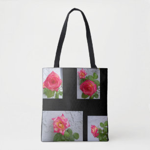 All-Over printed black canvas tote bag with roses