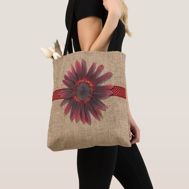 All-Over Tote - Burlap and Ring O'Fire Sunflower (Close Up)