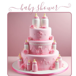 ALL PINK BABY SHOWER CAKE WITH BABY BOTTLES INVITATION