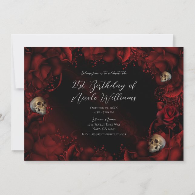 All Red Roses & Skulls Dark Floral Birthday Party  Invitation (Front)