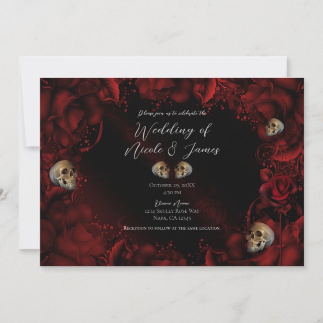 All Red Roses & Skulls Dark Floral Wedding    Invitation (Front)