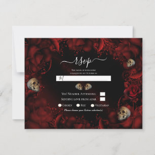 All Red Roses & Skulls Dark Floral Wedding RSVP  Invitation
