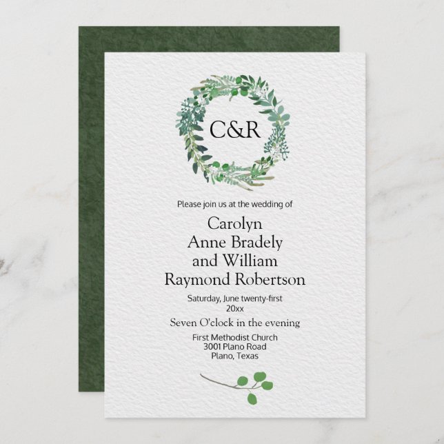 All Season Green Foliage Wreath Wedding Invitation (Front/Back)