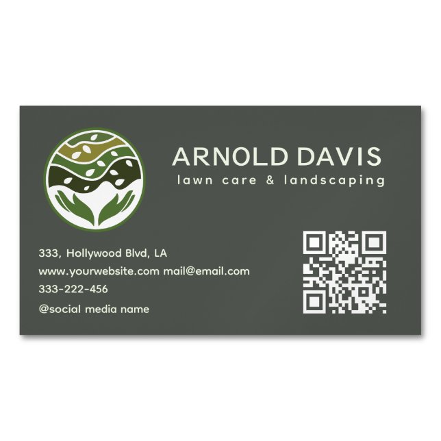 All seasons modern lawn care and landscaping logo magnetic business card (Front)