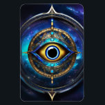 All Seeing Evil Eye Magnet<br><div class="desc">Protect your self and your valuables from bad actors with this all seeing Evil Eye symbol.  Yellow eyeball with a blue iris and a very wide pupil set into a mystical amulet and backed by the vastness of the heavens.</div>