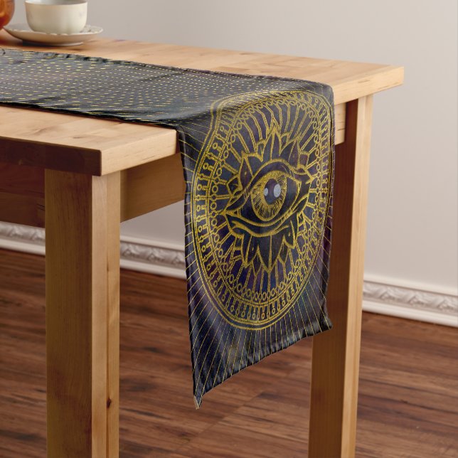 All Seeing Mystic Eye Gold on Nebula Sky Short Table Runner (In Situ)