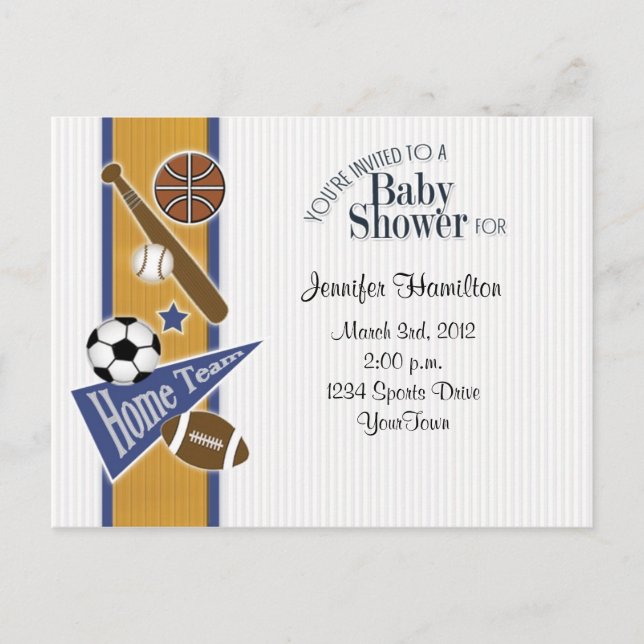All Sports Baby Postcard Invitation Gold & Blue (Front)