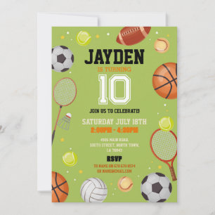 All Sports Birthday Party Football Soccer Green Invitation