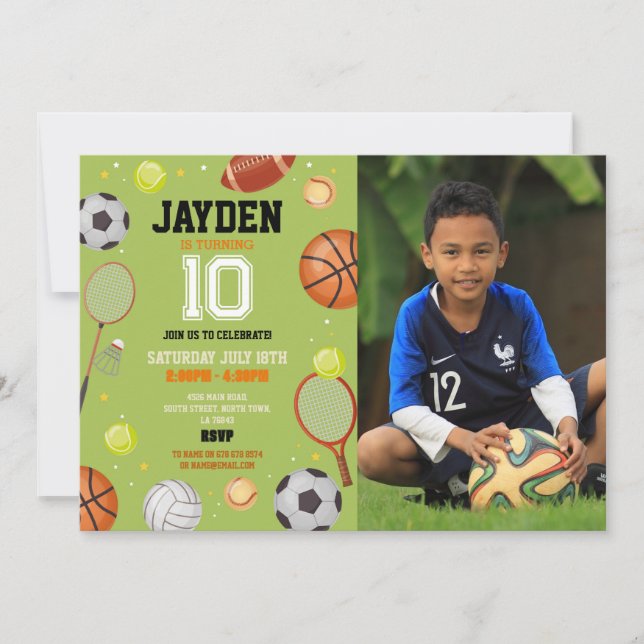 All Sports Birthday Party Football Soccer Photo Invitation (Front)