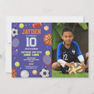 All Sports Blue Birthday Photo Football Soccer Invitation