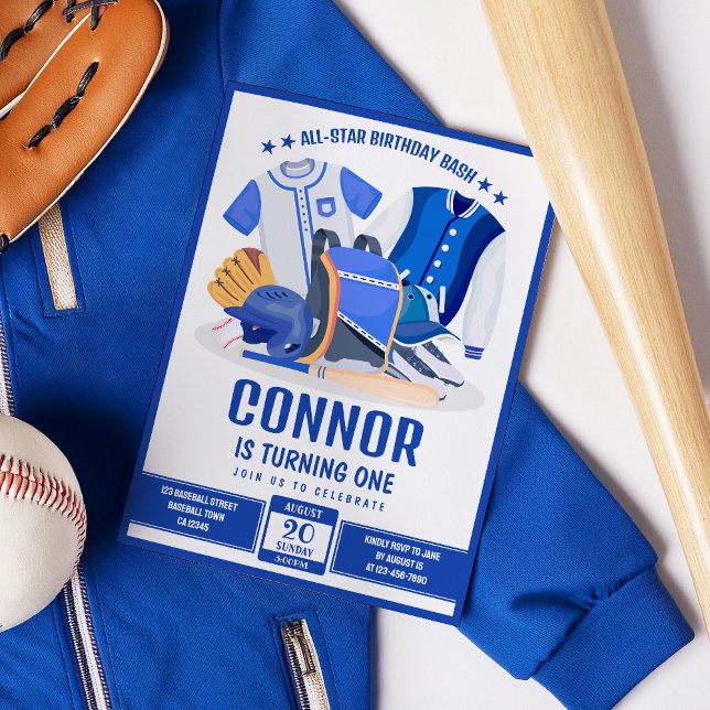 All Star Athlete Baseball Blue Birthday Invitation (Creator Uploaded)