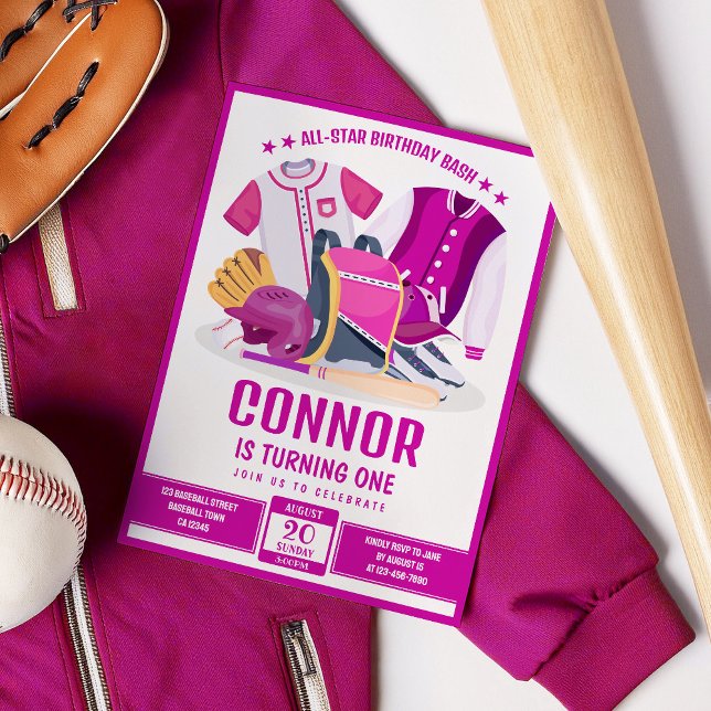 All Star Athlete Baseball Pink Birthday Invitation (Creator Uploaded)