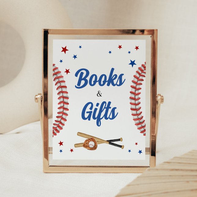 All Star Baseball Baby Shower Books and Gifts Poster (Sports Baby Shower Books and Gifts Sign)