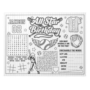 All Star Baseball Birthday Coloring Activity Notepad