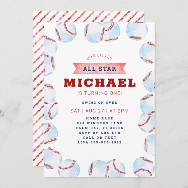 All-Star Baseball Birthday Party Invitation  (Front/Back)