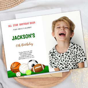 All Star Bash Sports Birthday Invitations w photo