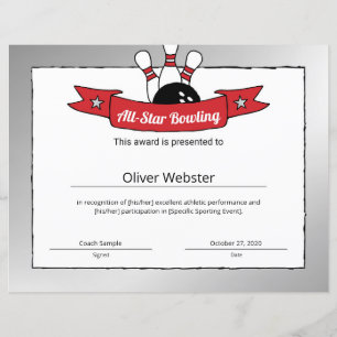 All-Star Bowling Player Award Bowling Certificate