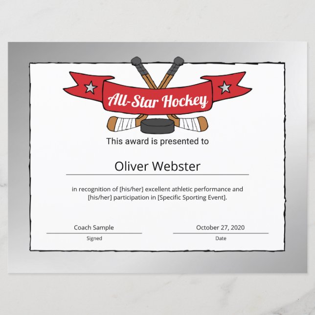 All-Star Hockey Player Award Hockey Certificate (Front)