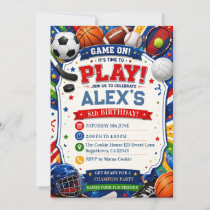 All Star Multi Sport Birthday Football Basketball Invitation