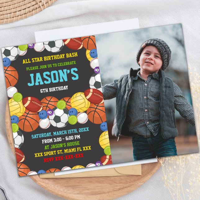 All-Star Multi-Sport Party for Kids Invitation (Sports Party Birthday Invitations with photo)