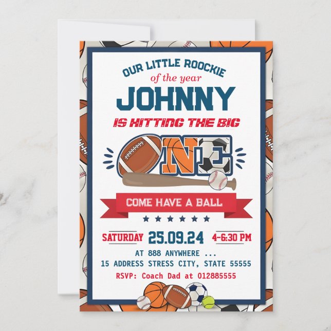 All Star Sport First Birthday Invitation (Front)