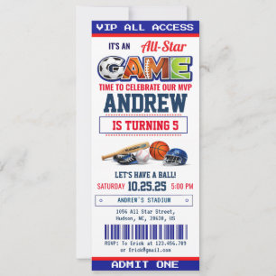 All Star Sport Ticket Birthday Party Invitation