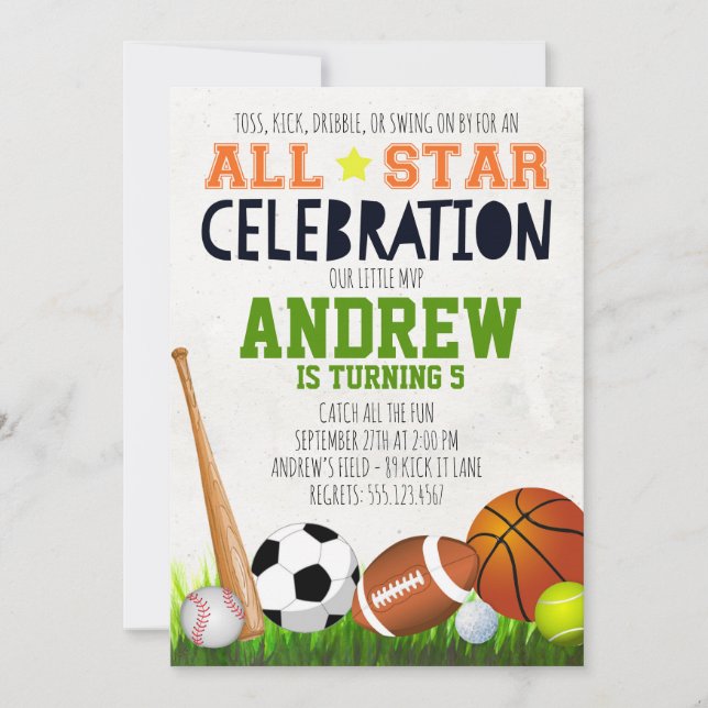 All Star Sports Birthday Invitation (Front)