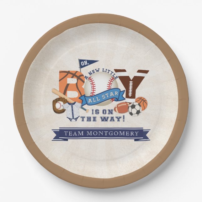 All Star Sports Boy Baby Shower Paper Plate (Front)