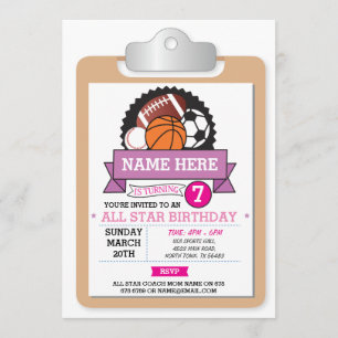 All Star Sports Party Pink Girls Birthday Invite