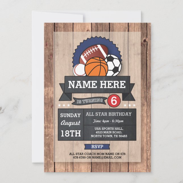All Star Sports Soccer Rugby BasketBall Birthday Invitation (Front)