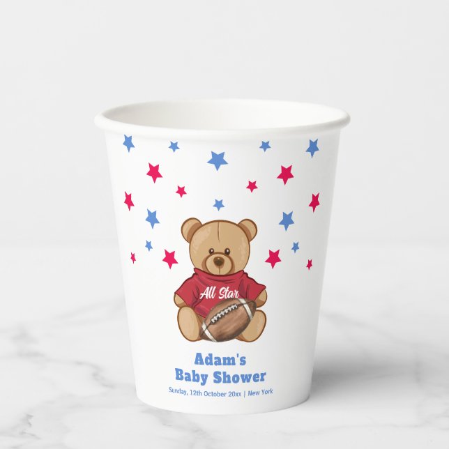 All Star Teddy Bear Football Sport Baby Shower  Paper Cups (Front)