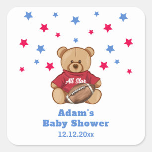 All Star Teddy Bear Football Sport Baby Shower  Square Sticker