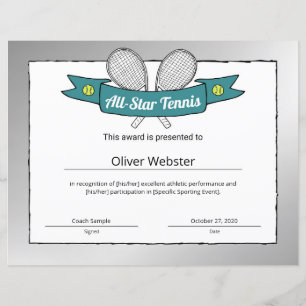 All-Star Tennis Player Award Tennis Certificate