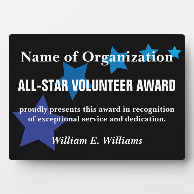 All-Star Volunteer Service Appreciation Award Plaque (Front)