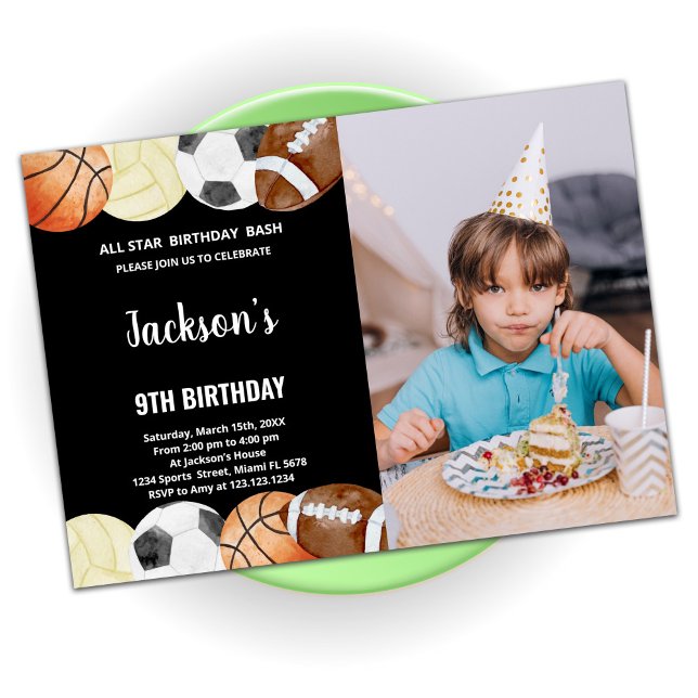 All Stars Birthday Sports Birthday with photo Invitation (Creator Uploaded)