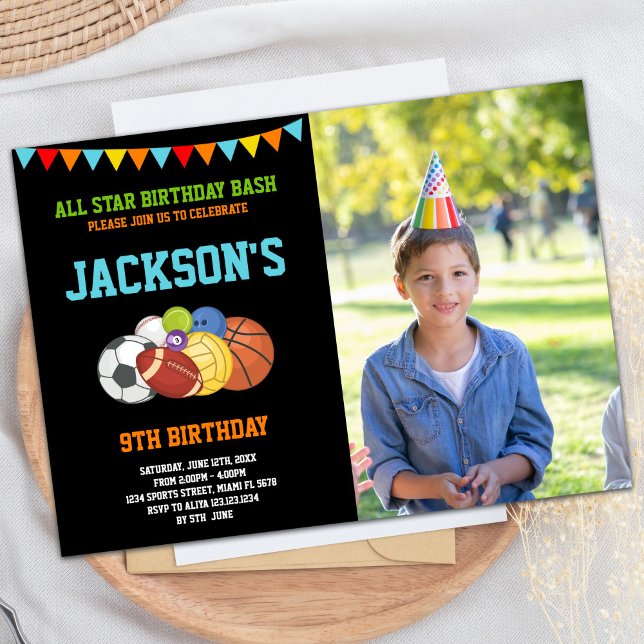 All Stars Black Sports Party Birthday with photo Invitation (All Stars Black Sports Party Birthday with photo Invitation)