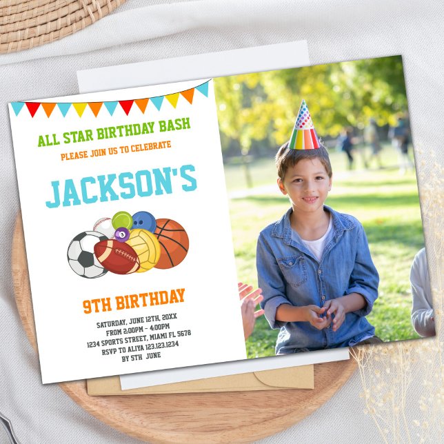 All Stars White Sports Party Birthday with photo Invitation (All Stars White Sports Party Birthday with photo Invitation)