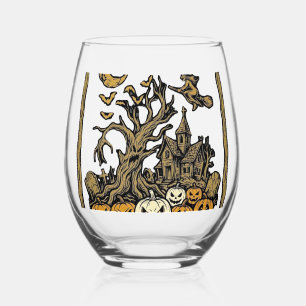 All Teachers Love Brains Halloween Haunted House P Stemless Wine Glass