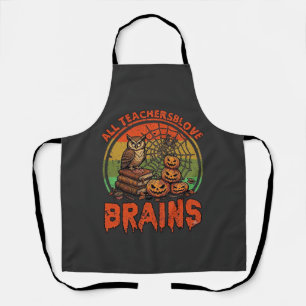 All Teachers Love Brains Halloween Pumpkins Owl Bo Apron