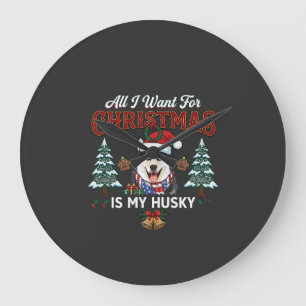 All Want Christmas Is Husky Dog Santa Hat Large Clock