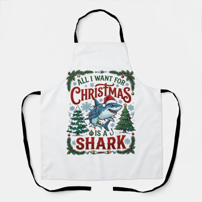 All Want Christmas Shark Pine Trees Apron (Front)