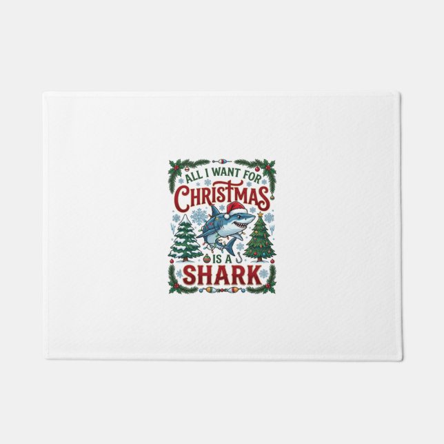 All Want Christmas Shark Pine Trees Doormat (Front)