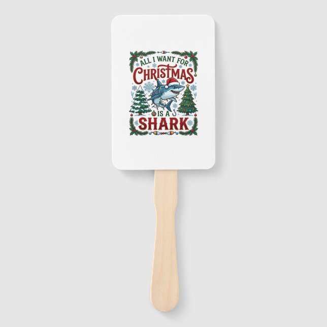 All Want Christmas Shark Pine Trees Hand Fan (Front)