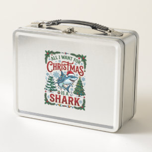 All Want Christmas Shark Pine Trees Metal Lunch Box