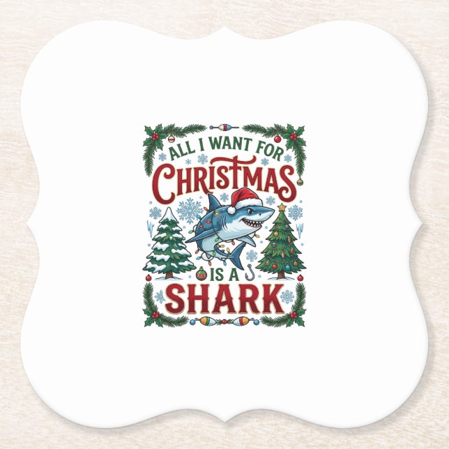 All Want Christmas Shark Pine Trees Paper Coaster (Front)