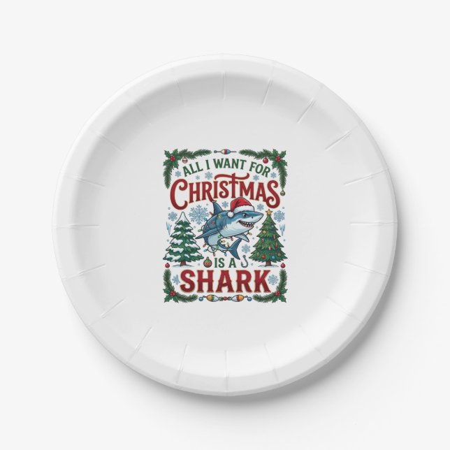 All Want Christmas Shark Pine Trees Paper Plate (Front)