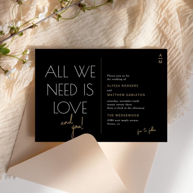 All We Need is Love | Modern Black + Gold Wedding Invitation (Creator Uploaded)